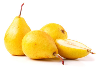 Three ripe fresh yellow pears isolated on white background