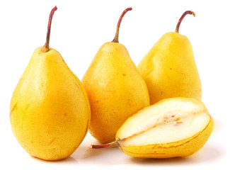 Three ripe fresh yellow pears isolated on white background