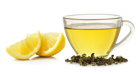 glass of lemon tea on white background