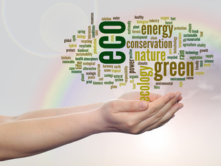 Conceptual ecology word cloud over rainbow