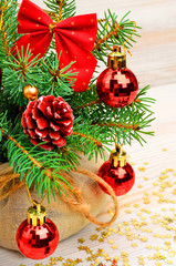 Obraz na płótnie Canvas Christmas decoration, pine twig, christmas baubles