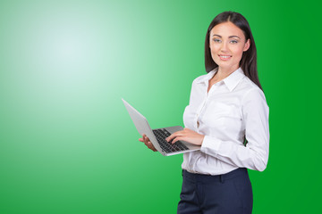 Brunette woman hug laptop computer, she love her work