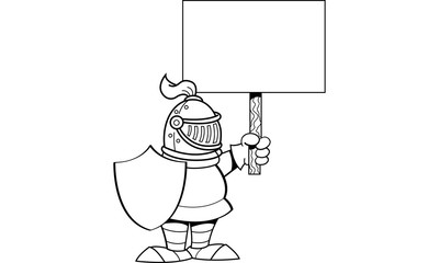 Black and white illustration of a knight holding a sign.