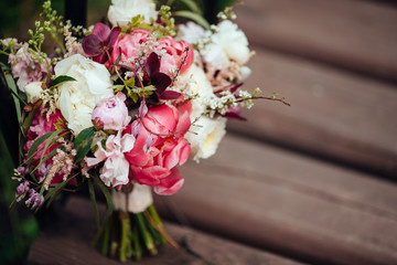 wedding decoration, bouquet on wooden background