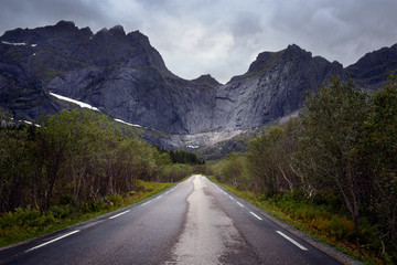 Fototapeta na wymiar Road to Nussfjord village in Lofoten islands, Norway
