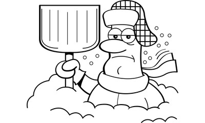 Black and white illustration of a man buried in snow and holding a snow shovel.