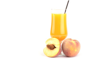 fresh peaches juice and fruit on white background