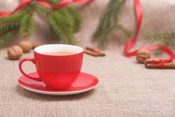 Red cup in the Christmas decor.