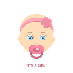 Cute baby girl portrait. Vector Illustration. Newborn with nipple.