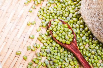Close up green beans or mung beans on spoon