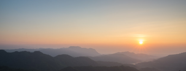 panorama mountain hill mourning sunrise, soft haze