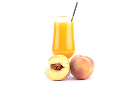 fresh peaches juice and fruit on white background