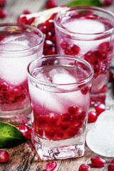 Fototapeta na wymiar Fresh sparkling water with ice and pomegranate, selective focus