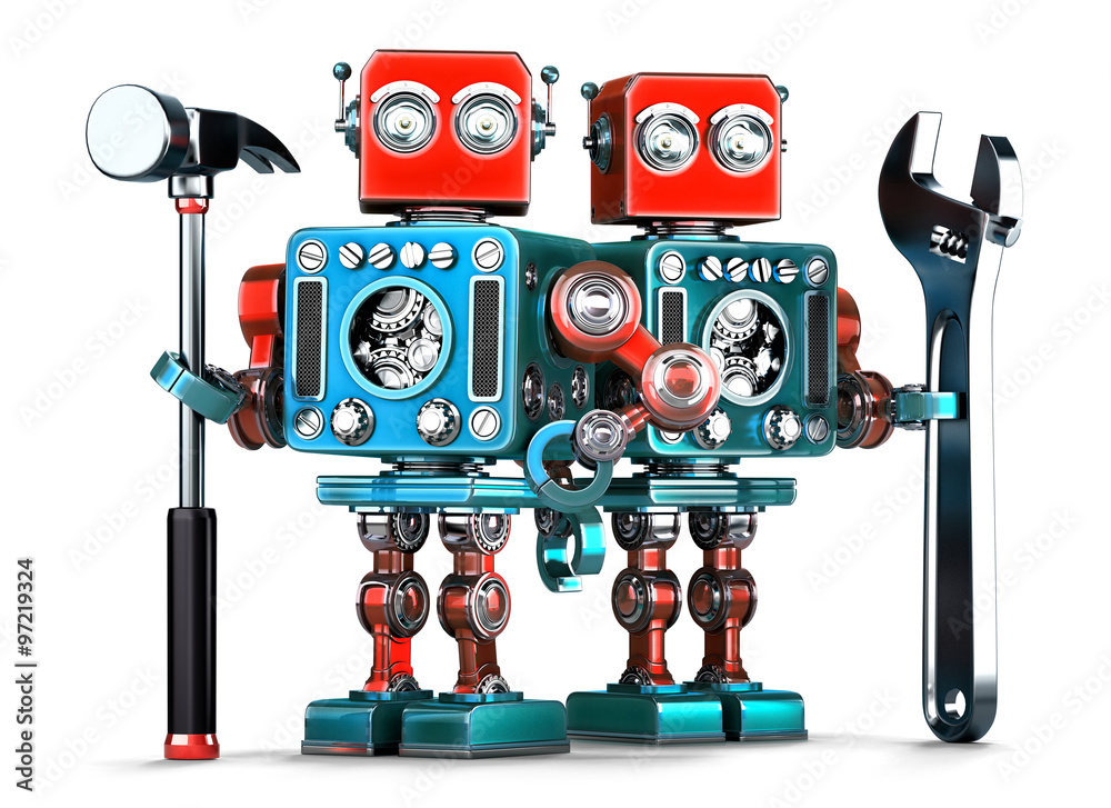 Poster robot workers with tools. isolated. contains clipping path