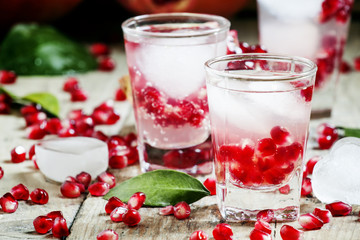 Fresh sparkling water with ice and pomegranate, selective focus