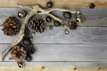 Christmas Decorations and Nature Frame Natural Wood Background