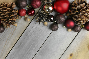 Christmas Tree Bulbe Decorations Frame Rustic Wood Background