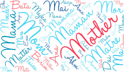 Mother international word cloud on a white background. Each word used in this word cloud is another language's version of the word mother.