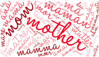 Mother international word cloud on a white background. Each word used in this word cloud is another language's version of the word mother.