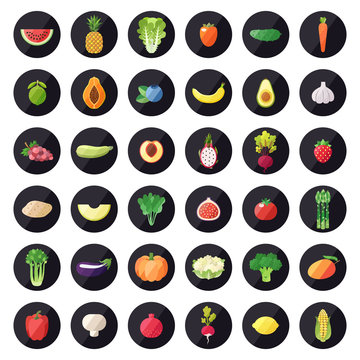 Vegetable and fruit icons vector set. Modern flat design. Multicolored.