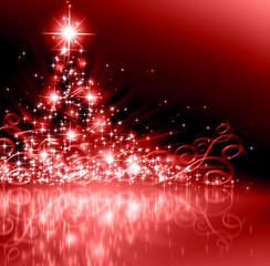Fototapeta na wymiar Christmas red tree, beautiful snowflakes and shining stars