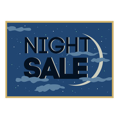 Sale and discount card, banner, flier. Black friday offer. Night sale title. New moon, planet on blue background with stars shining in cloudy sky. Late sell-out. Editable vector illustration template