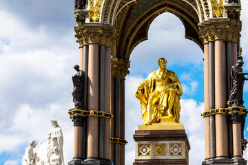 Albert Memorial in London situated in Kensington Gardens. Statue of Albert, by John Henry Foley and Thomas Brock