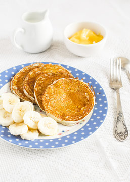 Banana pancake. Healthy and delicious breakfast. On a light surface