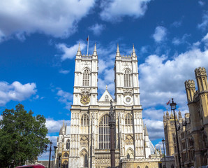 Fototapeta na wymiar University Church of St Peter at Westminster Abbey on blue sky background