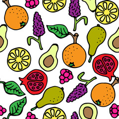 Fototapety  Fruit doodle hand drawn seamless vector pattern. Ink pen sketched food colorful tasty background.