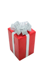 Single red gift box with silver ribbon isolated on white backgro