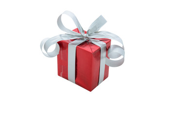 Single red gift box with silver ribbon isolated on white backgro