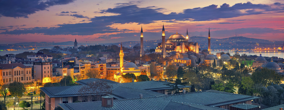 Istanbul Panorama. Panoramic image of Hagia Sophia in Istanbul, Turkey during sunrise. 
