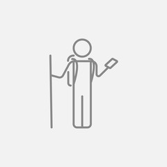 Tourist backpacker with phone line icon.
