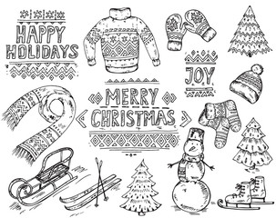 Vector set of black and white hand drawn Christmas holidays elem