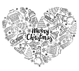 Set of vector hand drawn winter holiday elements in heart form