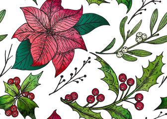 Vector seamless pattern with hand drawn winter plants