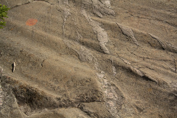 Glacial groove in granite bedrock from movement of the ice sheet, Mt. Kearsarge, New Hampshire.