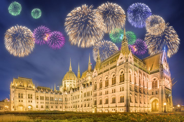 Beautiful fireworks above hungarian Parliament, Budapest