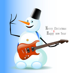 Greeting Christmas and New Year card Snowman with a guitar