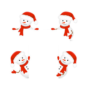 Snowmen in Santa hats holding blank paper