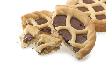 Two chocolate cookies on the white background