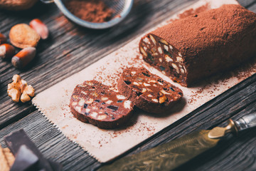 Chocolate salami with buscuits