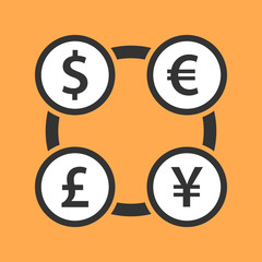 Currency exchange dollar, euro, yen and pound sterling icon. The four most traded currencies in the world. Flat design illustration.