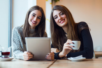 Beautiful young women using digital tablet in coffee shop.