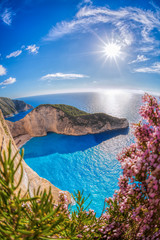 Navagio beach with shipwreck and flowers against sunset on Zakynthos island, Greece