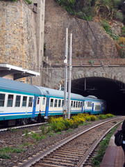 Obraz premium commuter train railroad station built through mountain Cinque T