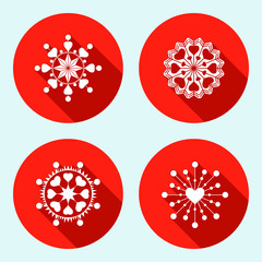Snowflake, heart view icon set. Christmas, Valentine day, birthday symbol. Stars, flakes with hearts. White silhouettes on red circle button with long shadow. Vector isolated
