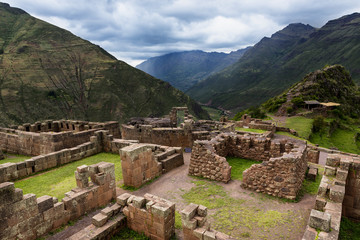 View of Inca Ruins near the town of Pisac in the Sacred Valley, Peru - obrazy, fototapety, plakaty