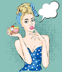 Pop Art illustration woman with morning cup of tea. Pin-up girl speech bubble.  Fashion, sexy wife